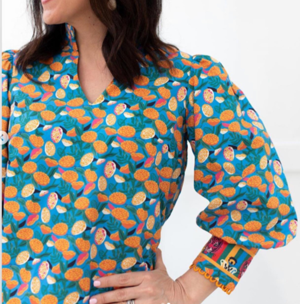 Emily Lovelock Orange & Blue Patterened Blouse with Matching Shorts size XL